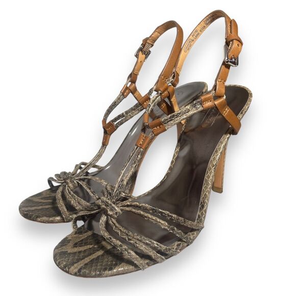 Coach Lana Snakeskin Leather Tan Grey Brown Strappy Sandals Heels Size 6.5 B - Picture 1 of 10